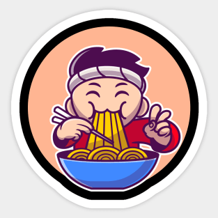 Man Eating Ramen Noodle With Chopstick Cartoon Sticker